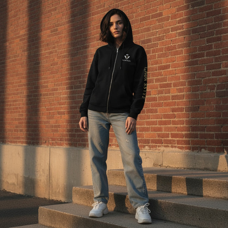 Full body view of the model wearing Sudadera gruesa unisex con capucha y cremallera