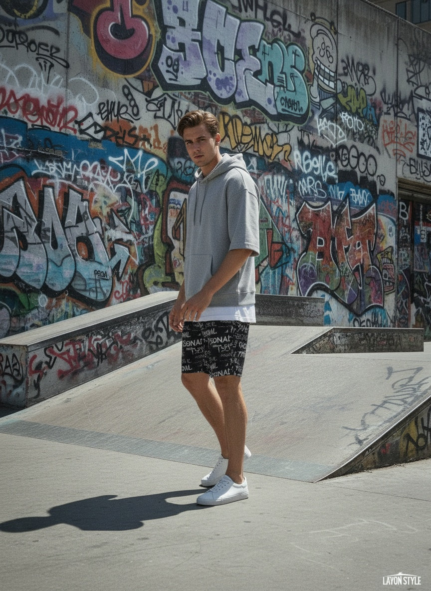 Model wearing All-Over Print Unisex Athletic Long Shorts