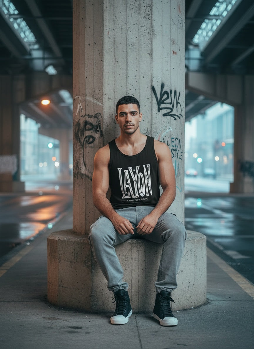 Model sitting while wearing Camiseta de tirantes para hombre