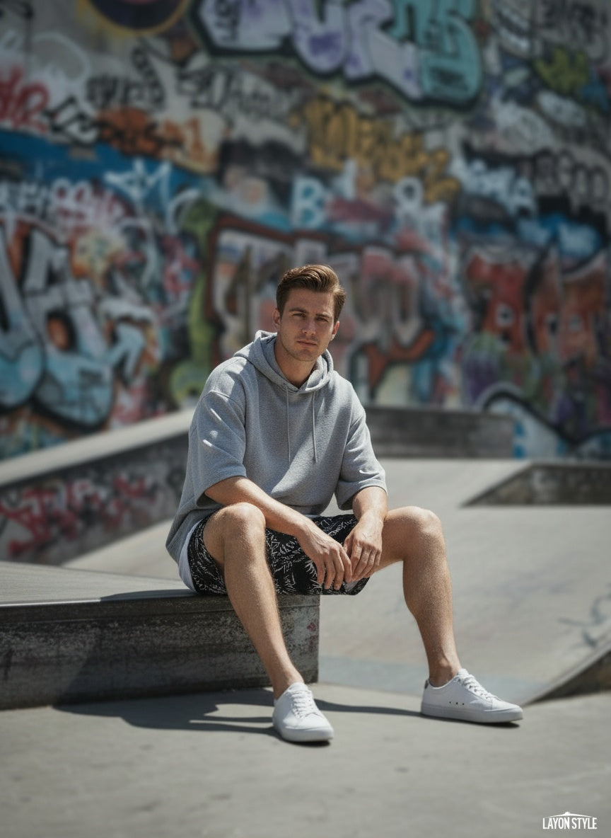 Model sitting while wearing All-Over Print Unisex Athletic Long Shorts